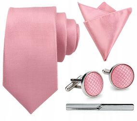 Zestaw męski w pudełku - krawat + poszetka + spinki do mankietów + spinka do krawata JASNY RÓŻOWY