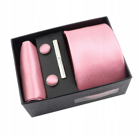 Zestaw męski w pudełku - krawat + poszetka + spinki do mankietów + spinka do krawata JASNY RÓŻOWY