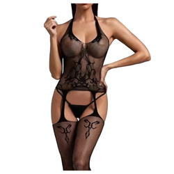 Bodystocking z kwiatowym motywem i efektem pasa do pończoch