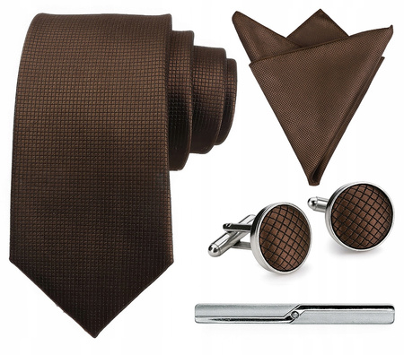Zestaw męski w pudełku - krawat + poszetka + spinki do mankietów + spinka do krawata BRĄZOWY