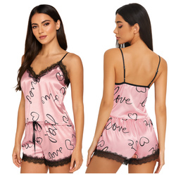 Piżama satynowa z nadrukiem i koronką - różowa