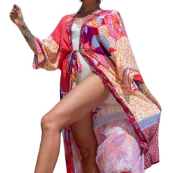 Pareo kolorowe długa narzutka plażowa tunika z paskiem