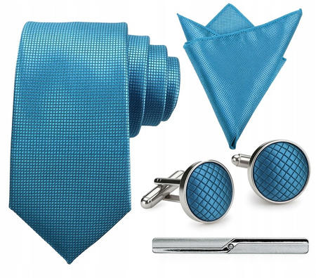 Zestaw męski w pudełku - krawat + poszetka + spinki do mankietów + spinka do krawata NIEBIESKI